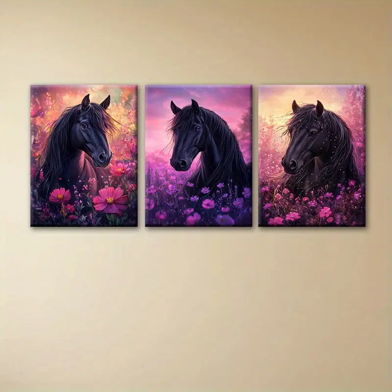 3pcs Horse in Sea of Pink Flowers Sunset Scene Metal Print Ready to Hang Art