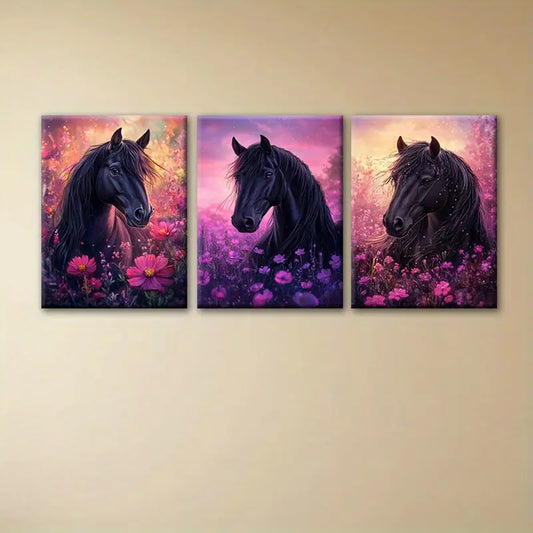 3pcs Horse in Sea of Pink Flowers Sunset Scene Metal Print Ready to Hang Art