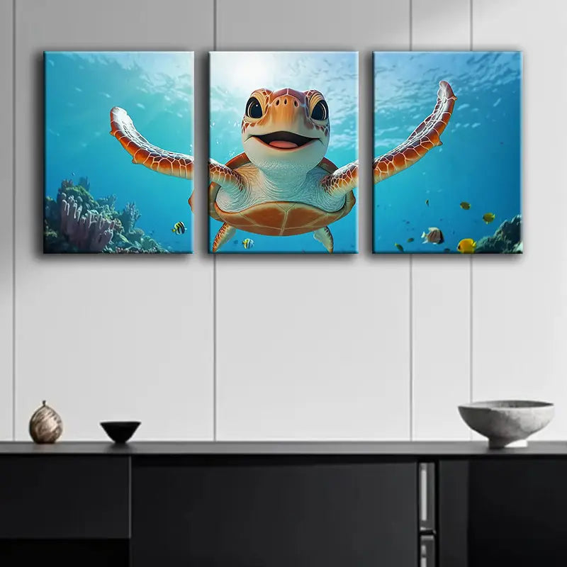 3pcs Happy Sea Turtle Triptych Metal Print Ready to Hang Art