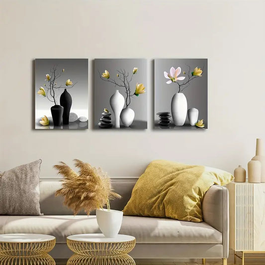 3pcs Elegant Orchid Trio Black & White with Pine Vase Metal Print Ready to Hang Art