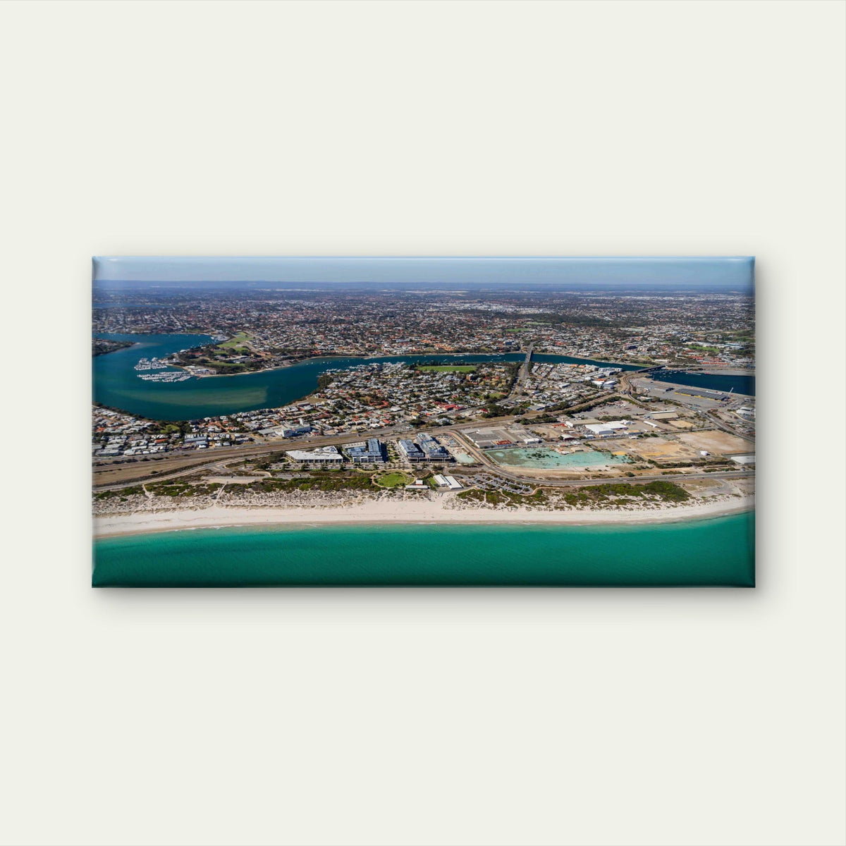 Aerial View of Coastal City Wall Art Canvas Office Home Room Framed 120x60cm
