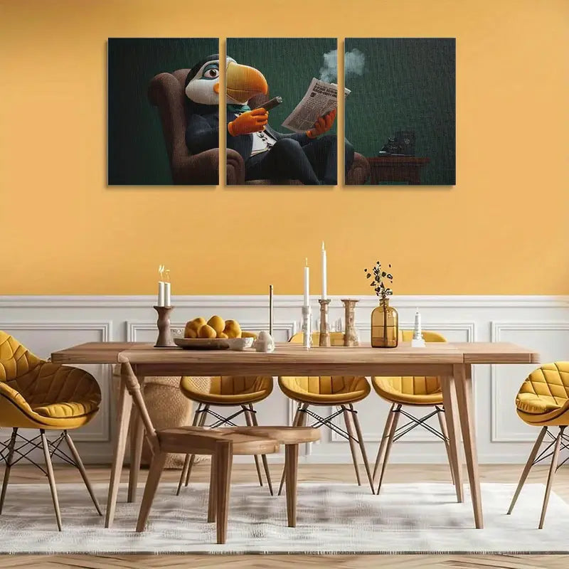 3pcs Sea Parrot in Black Suit with Orange Gloves Metal Print Ready to Hang Art