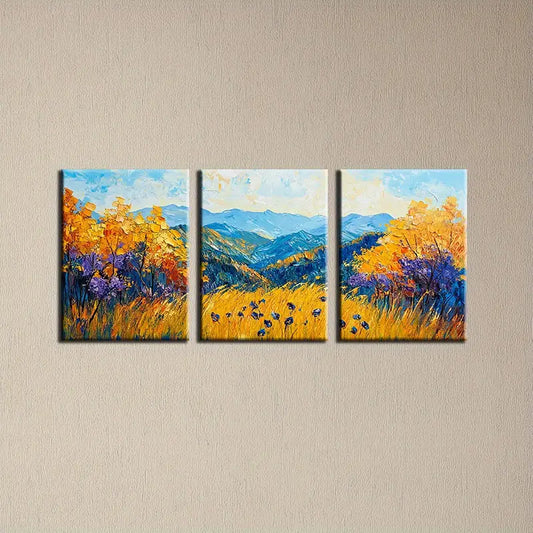 3pcs Watercolor Autumn Wheat Field Scenery Painting Metal Print Ready to Hang Art