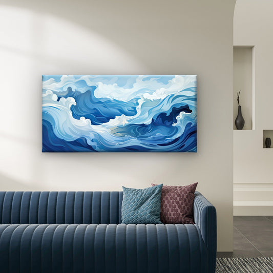 Abstract Blue Ocean Waves Wall Art Canvas Office Home Room Framed 80x45cm