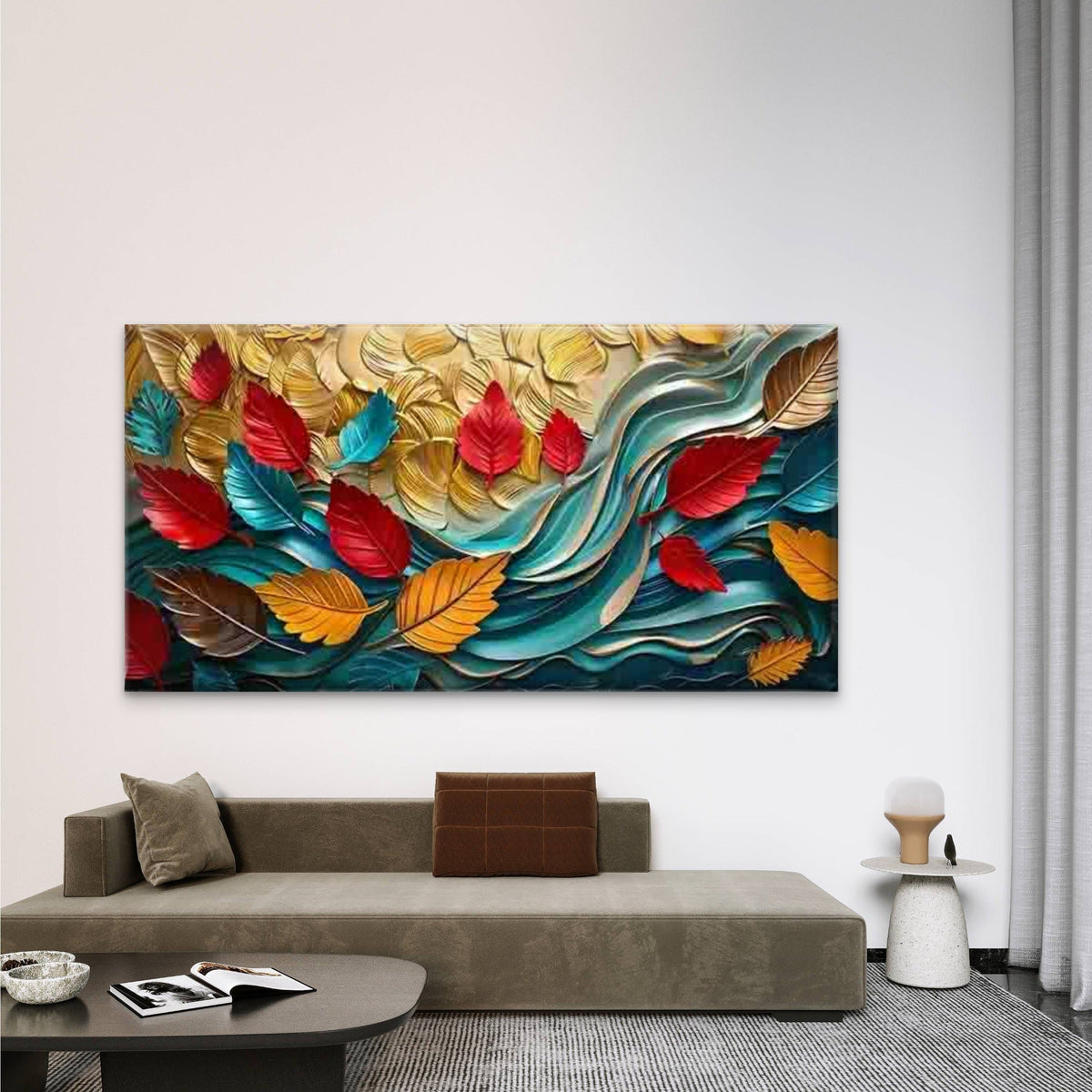 Vibrant Abstract Autumn Leaves Wall Art Canvas Office Home Room Framed 80x45cm
