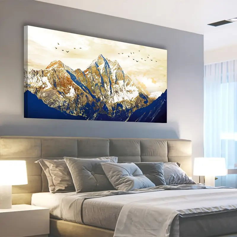 Mountain Sunrise Serene Snow Capped Peaks Birds Wall Art canvas office home room framed 80x45cm