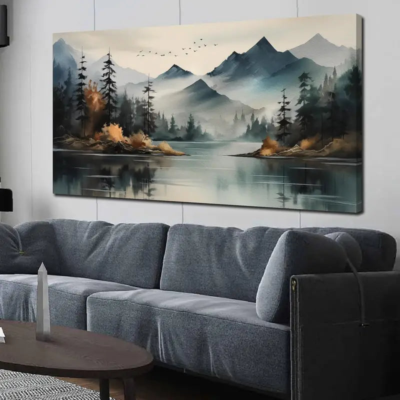 Teal Mountain Tree Landscape Wall Art canvas office home room framed 120x60cm
