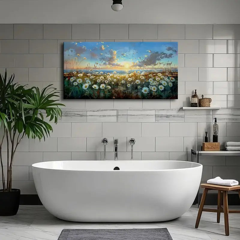 Sunset Ocean Field White Daisies Botanical Nature Wall Art canvas office home room framed 120x60cm