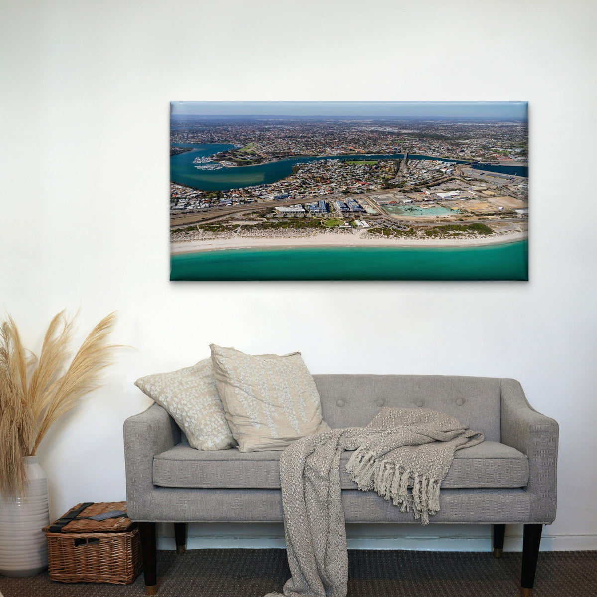 Aerial View of Coastal City Wall Art Canvas Office Home Room Framed 120x60cm