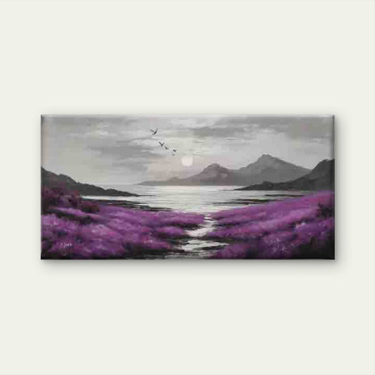 Purple Meadow & Mountain Sunset Wall Art Canvas Office Home Room Framed 80x45cm