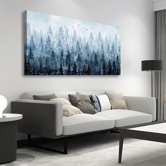 Misty Winter Forest Snowy Foggy Trees & Birds Wall Art canvas office home room framed 120x60cm