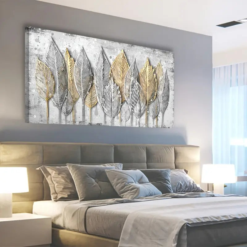 Abstract Golden Silvery Leaf Vintage Wall Art canvas office home room framed 120x60cm