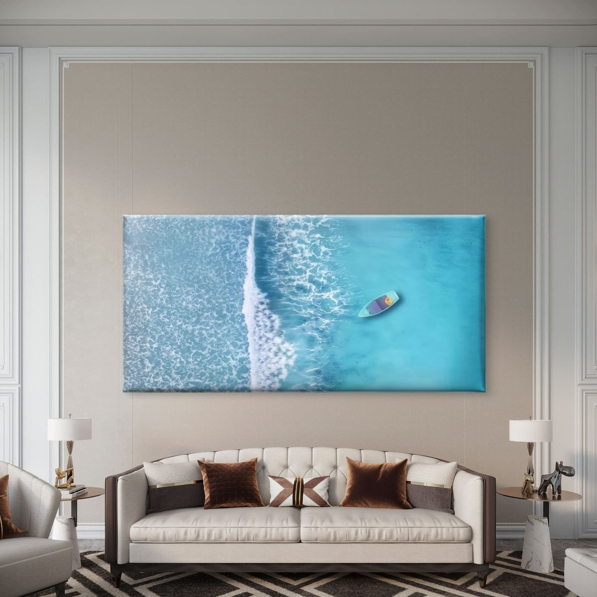View Of Boat On Ocean Waves Wall Art Canvas Office Home Room Framed 120x60cm