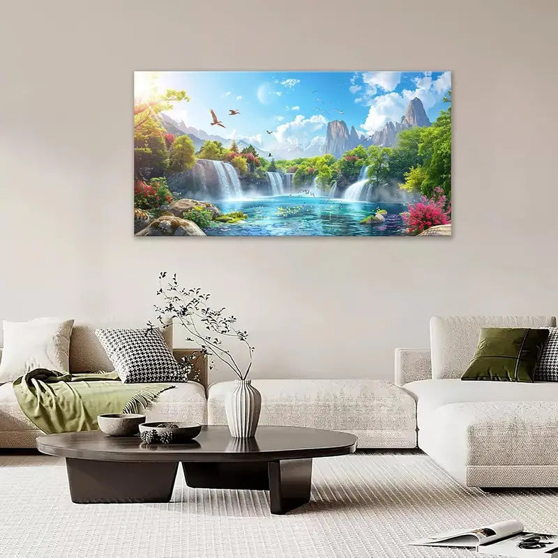 Lake Waterfall Natural Forest Wall Art canvas office home room framed 120x60cm