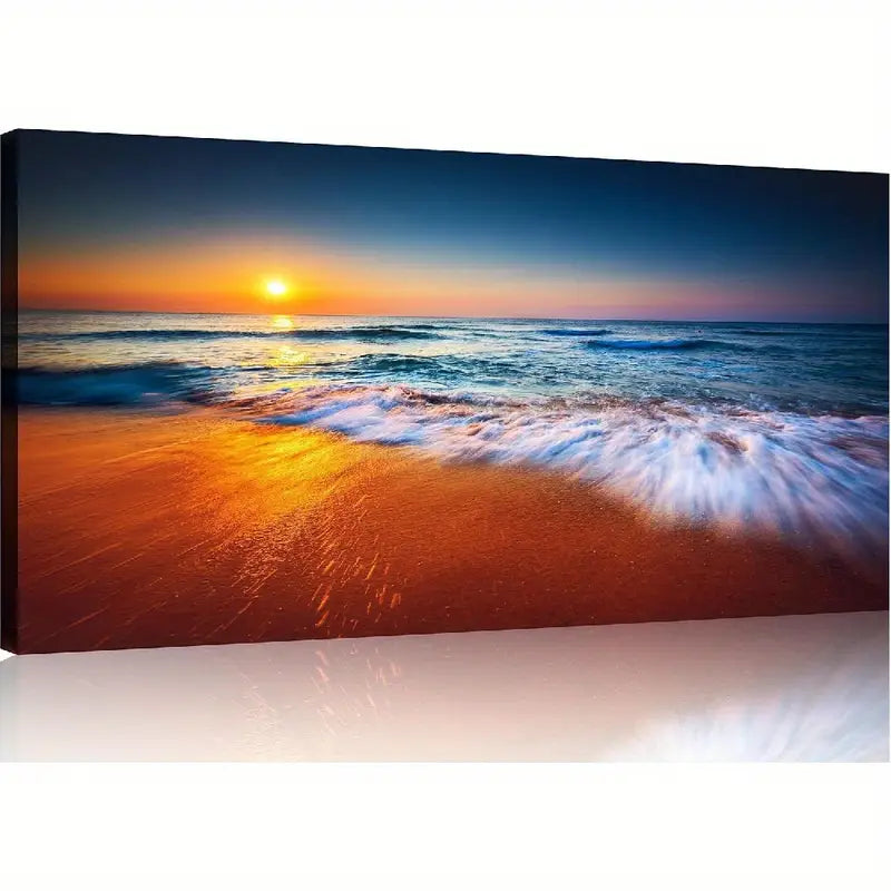 Ocean Sunrise Beach Vibrant Orange & Blue Waves Wall Art canvas office home room framed 120x60cm