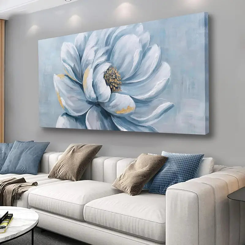 Floral Blue & White Funky Wall Art canvas office home room framed 80x45cm