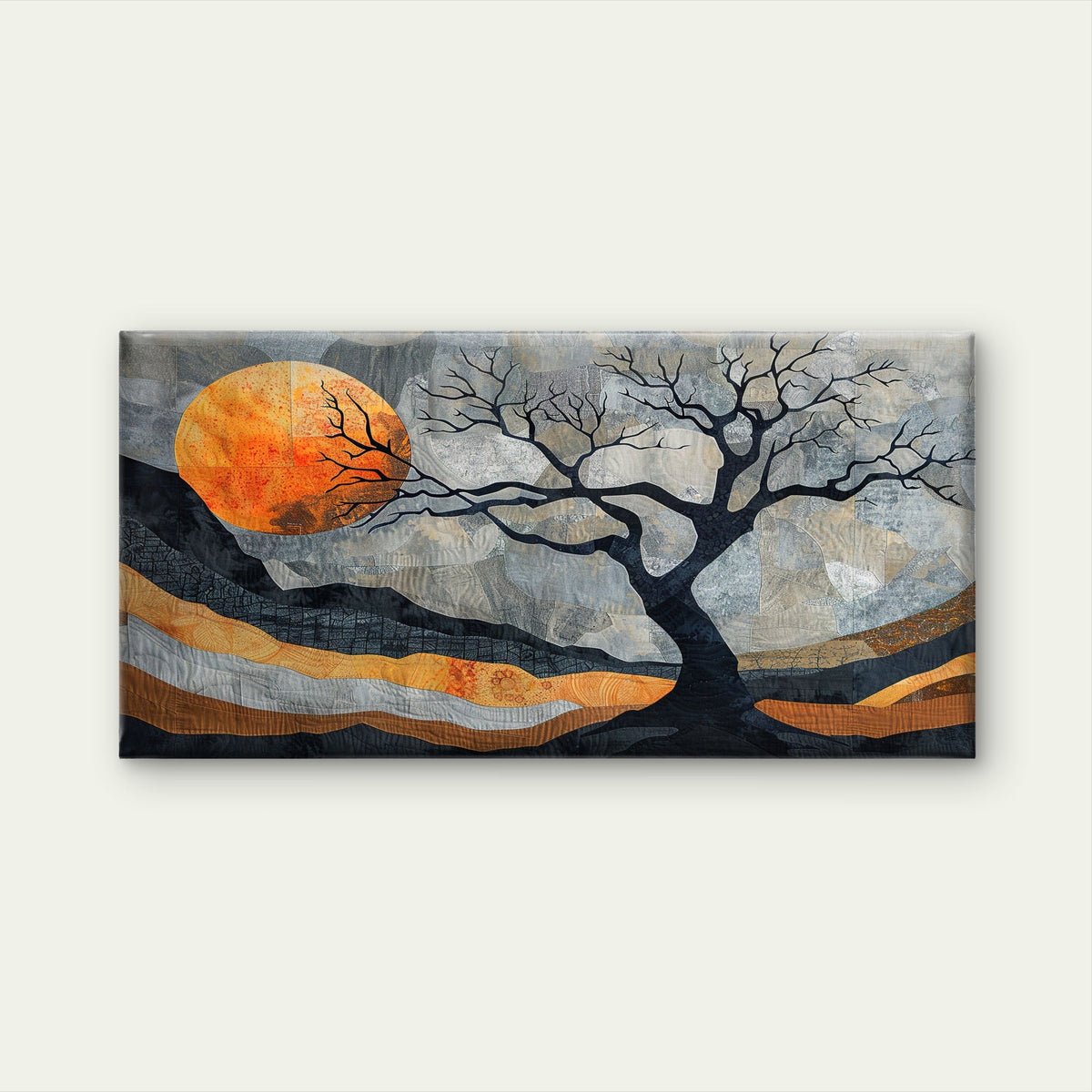 Abstract Patchwork Sun Tree Wall Art Canvas Office Home Room Framed 120x60cm
