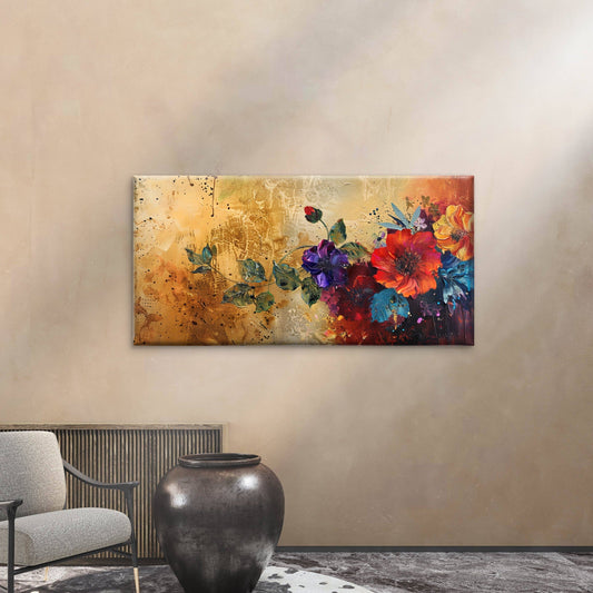 Red Floral Gold Painting Wall Art Canvas Office Home Room Framed 80x45cm