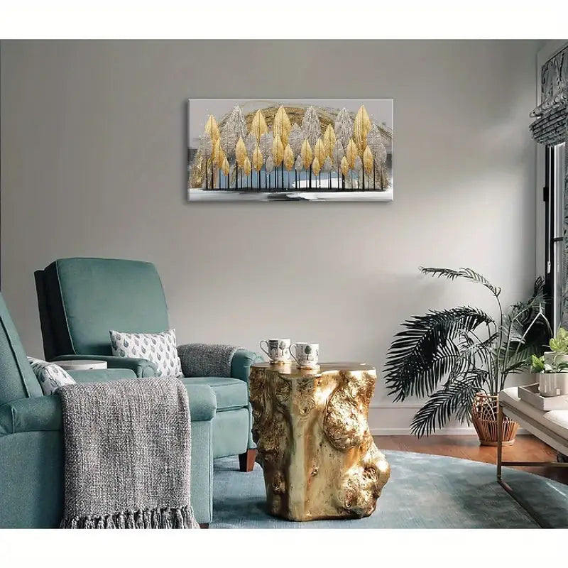 Abstract Leaf Golden Leaves Silver Wall Art canvas office home room framed 120x60cm