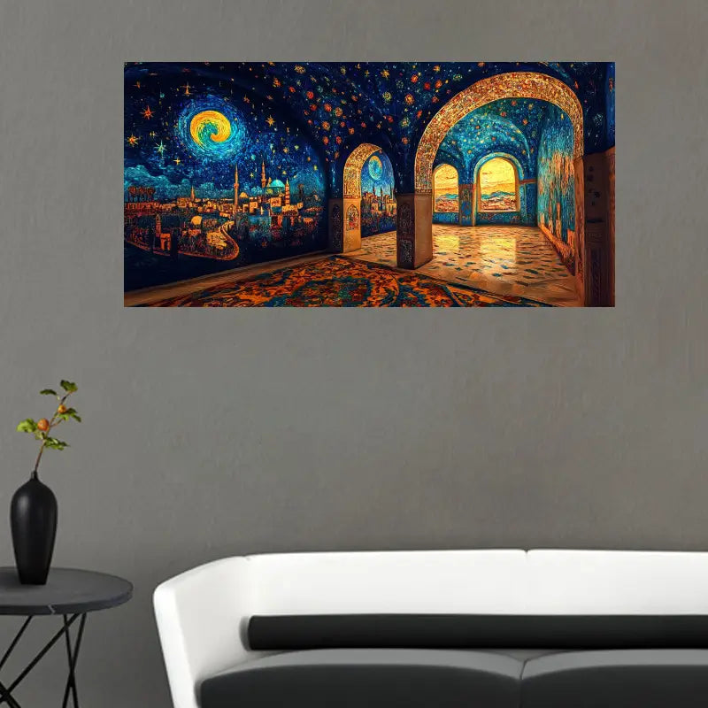 Van Gogh Starry Night Inspired Retro Architecture Design Wall Art wall canvas office home room framed 120x60cm