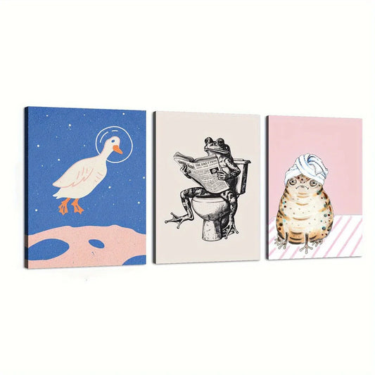 3pcs Animal, Duck and Frog Bathroom Classic Design Metal Print Ready to Hang Art