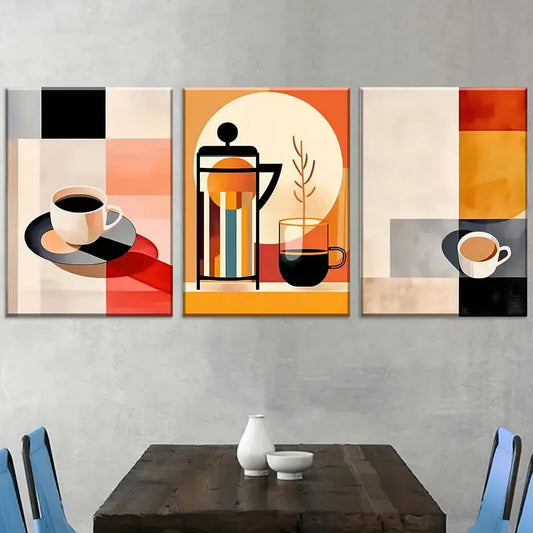 3pcs Modern Fashion Abstract Geometry Coffee Art Wall Art Set Canvas Framed 40x60cm - High Quality Print 100% Australian Made Wall Canvas Ready to Hang