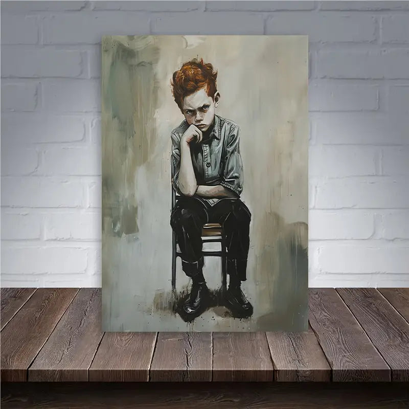 Angry Boy Sitting Chair Modern Abstract Figure Canvas Wall Art Print 100% Australian Made 40x60cm Stretched Canvas Ready to Hang