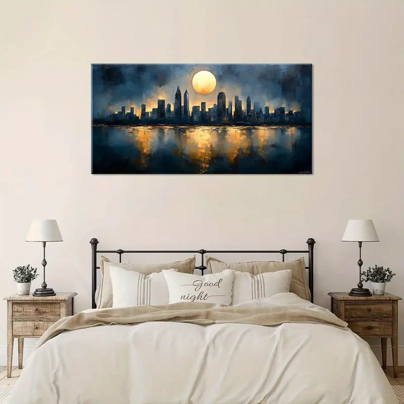 Golden Moon Night Cityscape Abstract Wall Art canvas office home room framed 120x60cm