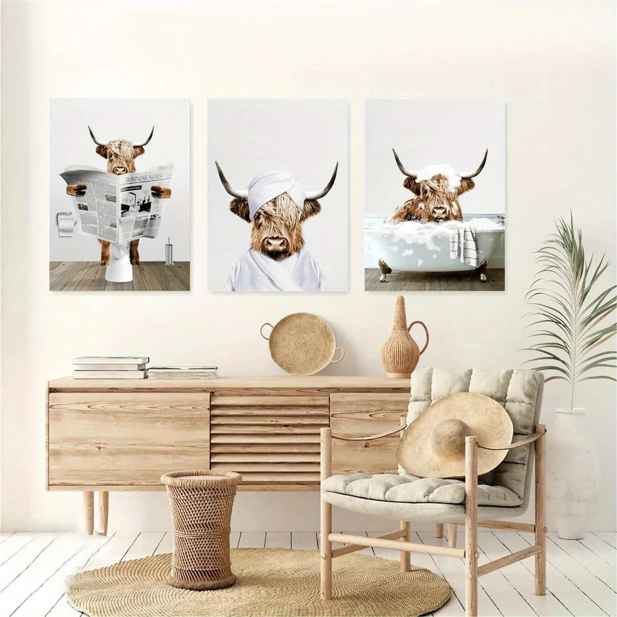 3pcs Scottish Highland Cow Funny Bathroom Metal Print Ready to Hang Art
