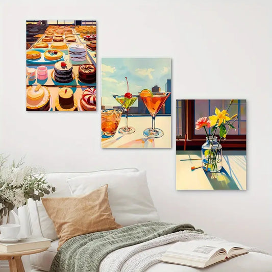 3pcs Colorful Desserts, Cocktails & Flowers Vintage Metal Print Ready to Hang Art