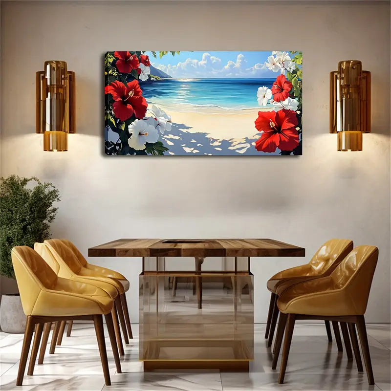Red Hibiscus Flowers Vibrant Wall Art Canvas Office Home Room Framed 120x60cm