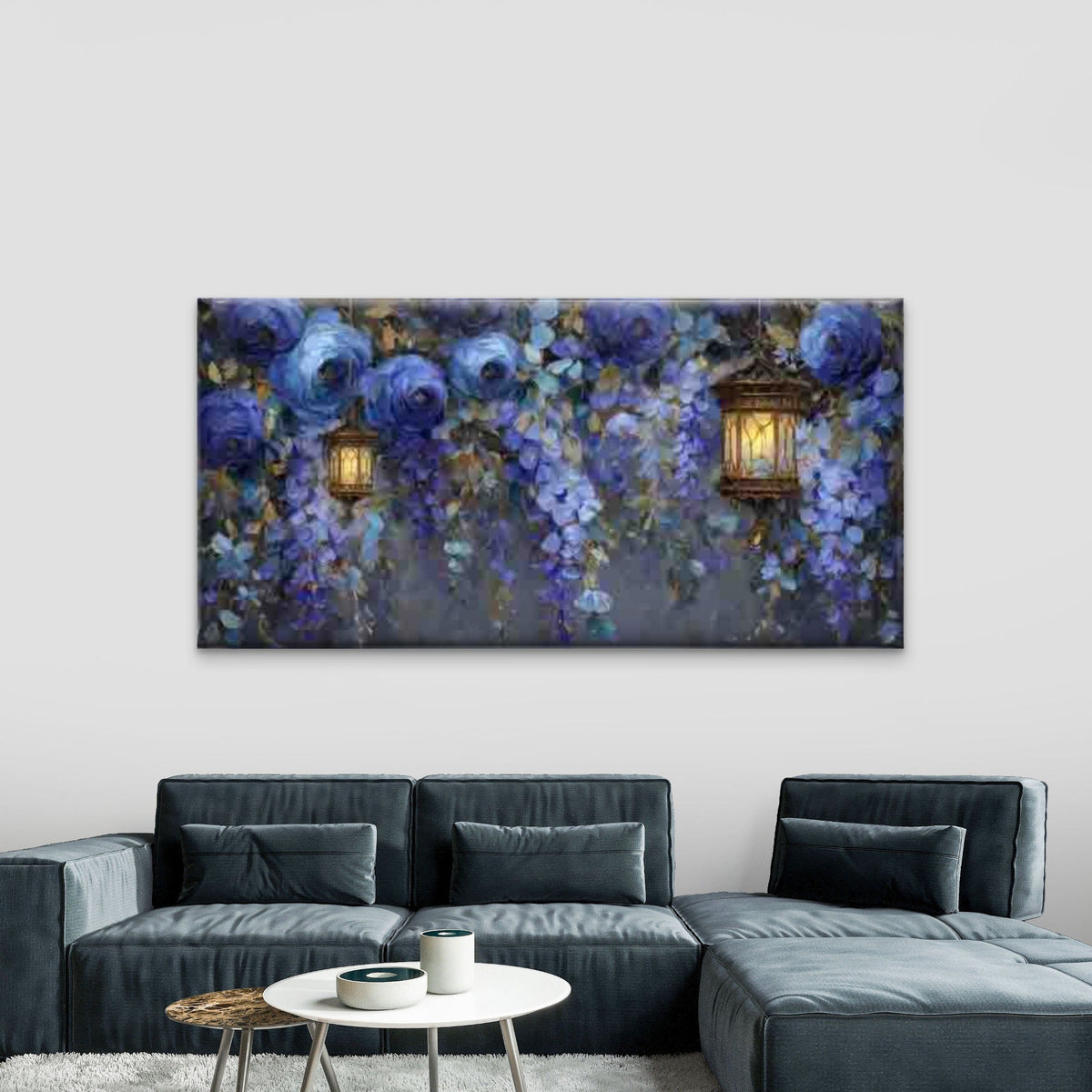 Wisteria & Blue Floral Lantern Wall Art Canvas Office Home Room Framed 80x45cm
