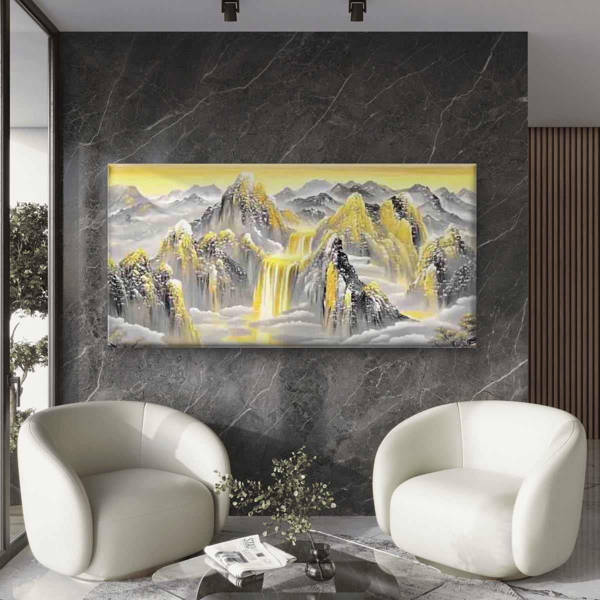 Golden Mountain Scene Wall Art Canvas Office Home Room Framed 120x60cm