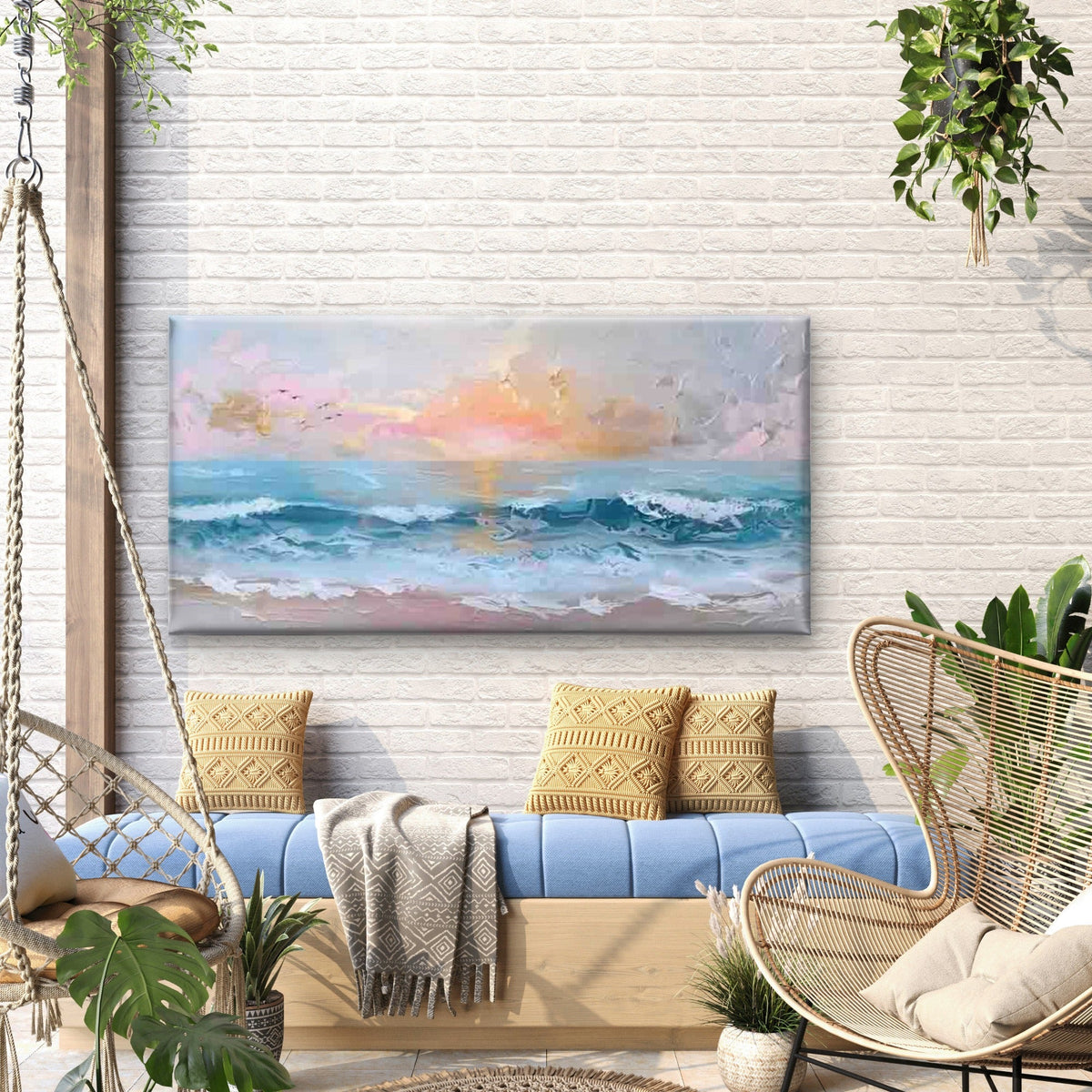 Sunset Beach Ocean Waves Wall Art Canvas Office Home Room Framed 120x60cm