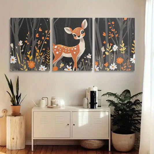 3pcs Vibrant Forest Scene with Detailed Foliage Deer Metal Print Ready to Hang Art