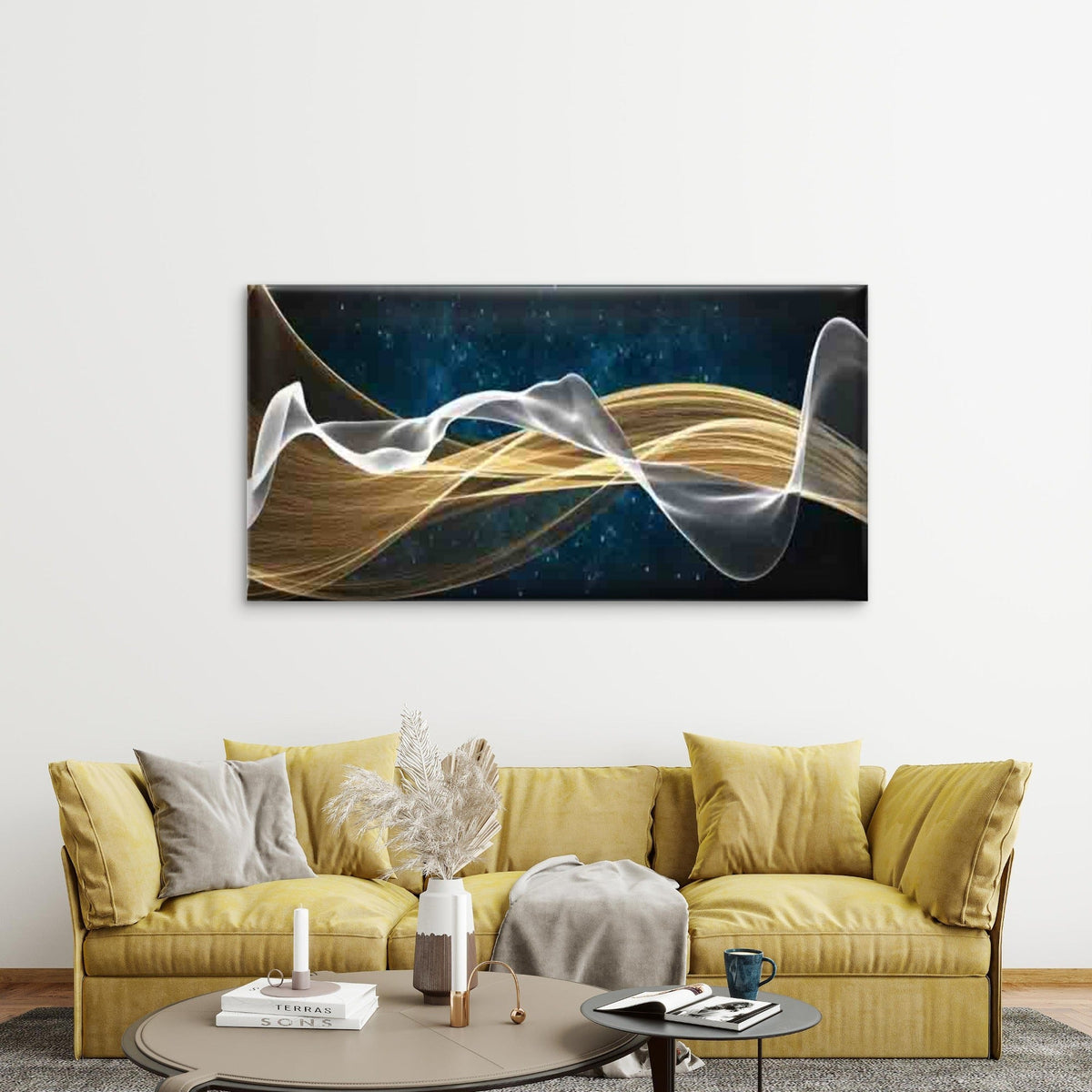 Golden Waves Flowing Wall Art Canvas Office Home Room Framed 120x60cm