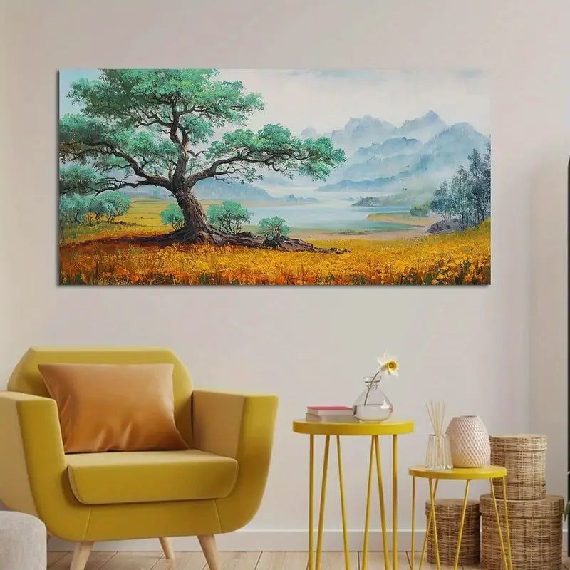 Tree Life Mountain Rustic Green Scenery Wall Art canvas office home room framed 120x60cm