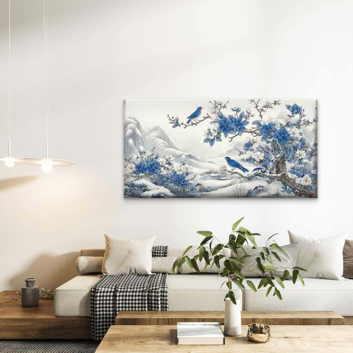Blue Birds & Snowy Landscape Wall Art Canvas Office Home Room Framed 80x45cm
