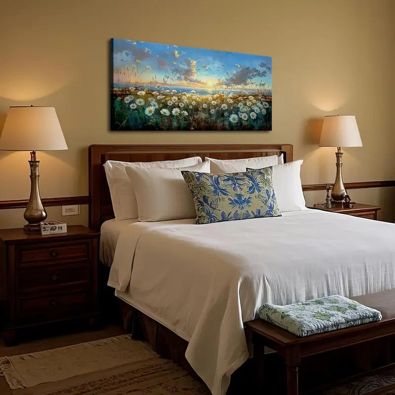 Sunset Ocean Field White Daisies Botanical Nature Wall Art canvas office home room framed 120x60cm