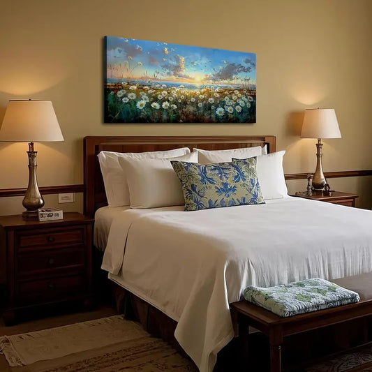 Sunset Ocean Field White Daisies Botanical Nature Wall Art canvas office home room framed 120x60cm