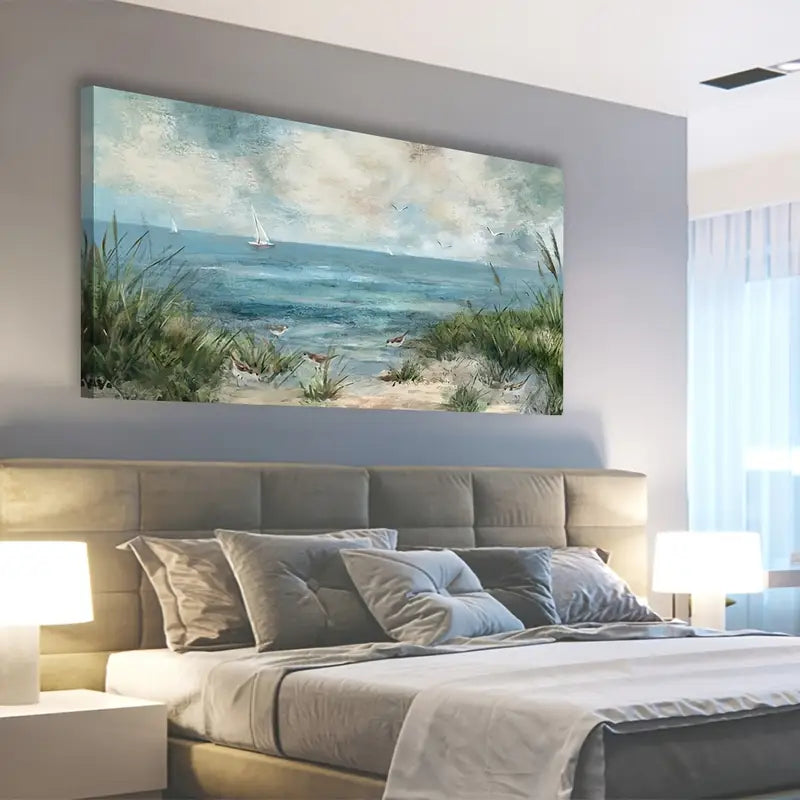Vintage Seascape Sailboats Seagulls Reeds Wall Art canvas office home room framed 120x60cm