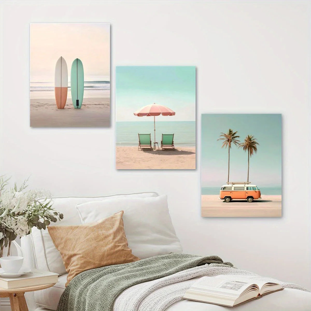 3pcs Surf Beach Pastel Summer Classic Design Metal Print Ready to Hang Art