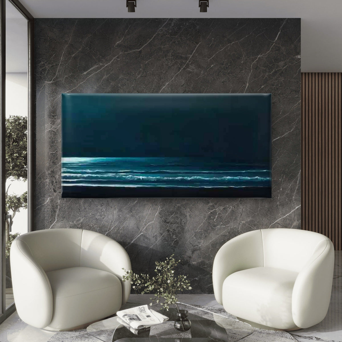 Ocean Night Glow Wall Art Canvas Office Home Room Framed 80x45cm