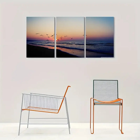 3pcs Ocean Scene with Birds & Waves Sunset Metal Print Ready to Hang Art