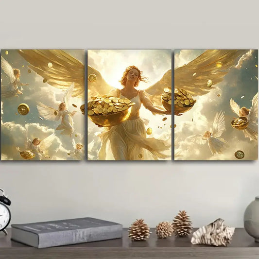 3pcs Angelic Golden Coin Design Metal Print Ready to Hang Art