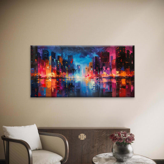Neon Lights Across Streets Wall Art Canvas Office Home Room Framed 80x45cm