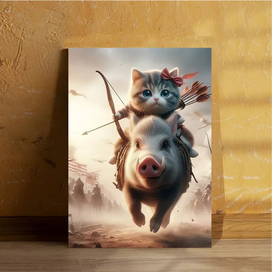 Whimsical Cat Archer & Pig Battle Scene Canvas Art Print 100% Australian Made 40x60cm Stretched Canvas Ready to Hang