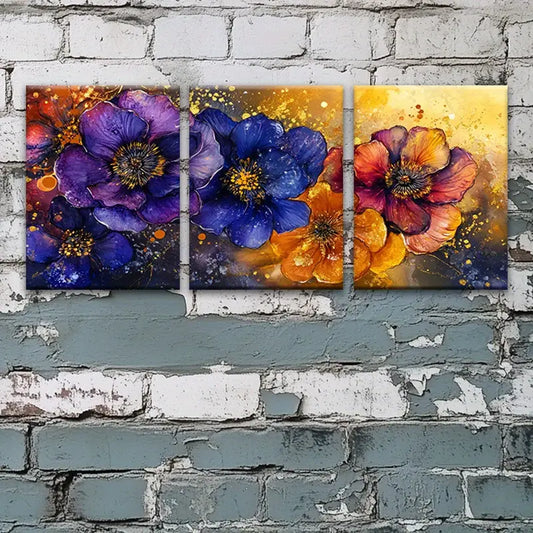 3pcs Vibrant Floral Prints with Golden Accents Metal Print Ready to Hang Art