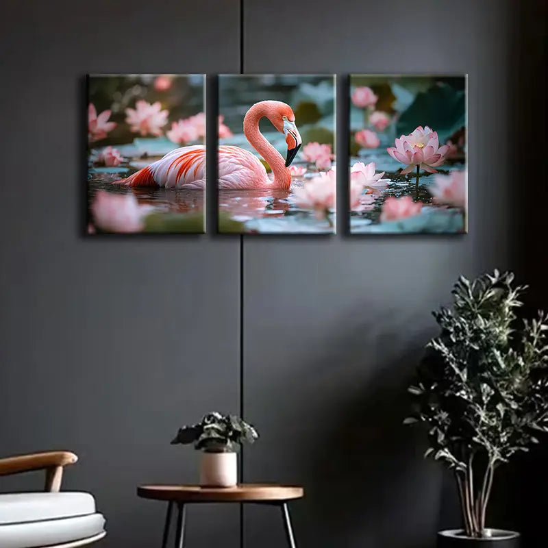 3pcs The Flamingos are Swimming Metal Print Ready to Hang Art