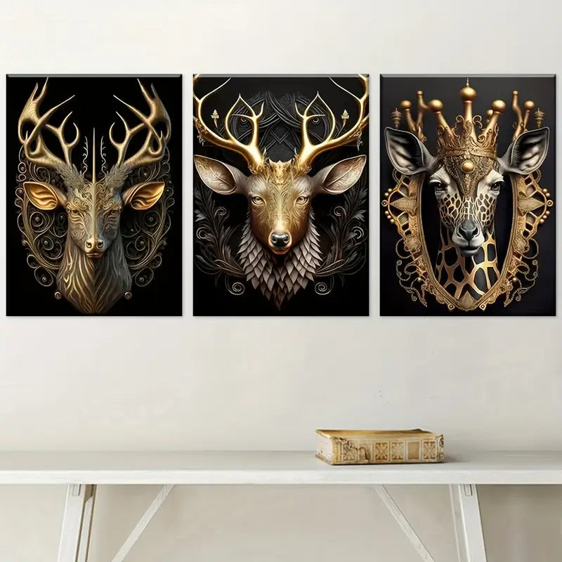 3pcs Golden Light Luxury Style Deer Head Crown Art Wall Art Set Canvas Framed 40x60cm - High Quality Print 100% Australian Made Wall Canvas Ready to Hang